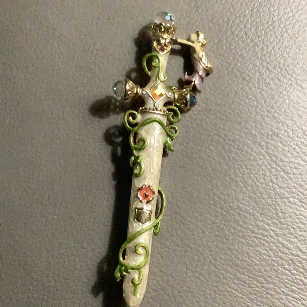 Kirks Folly Brooch Rare retired White Enamel Sword Preowned